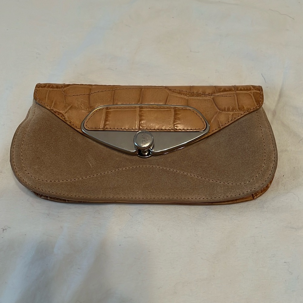 furla suede clutch Tan small. With silver hardware.
